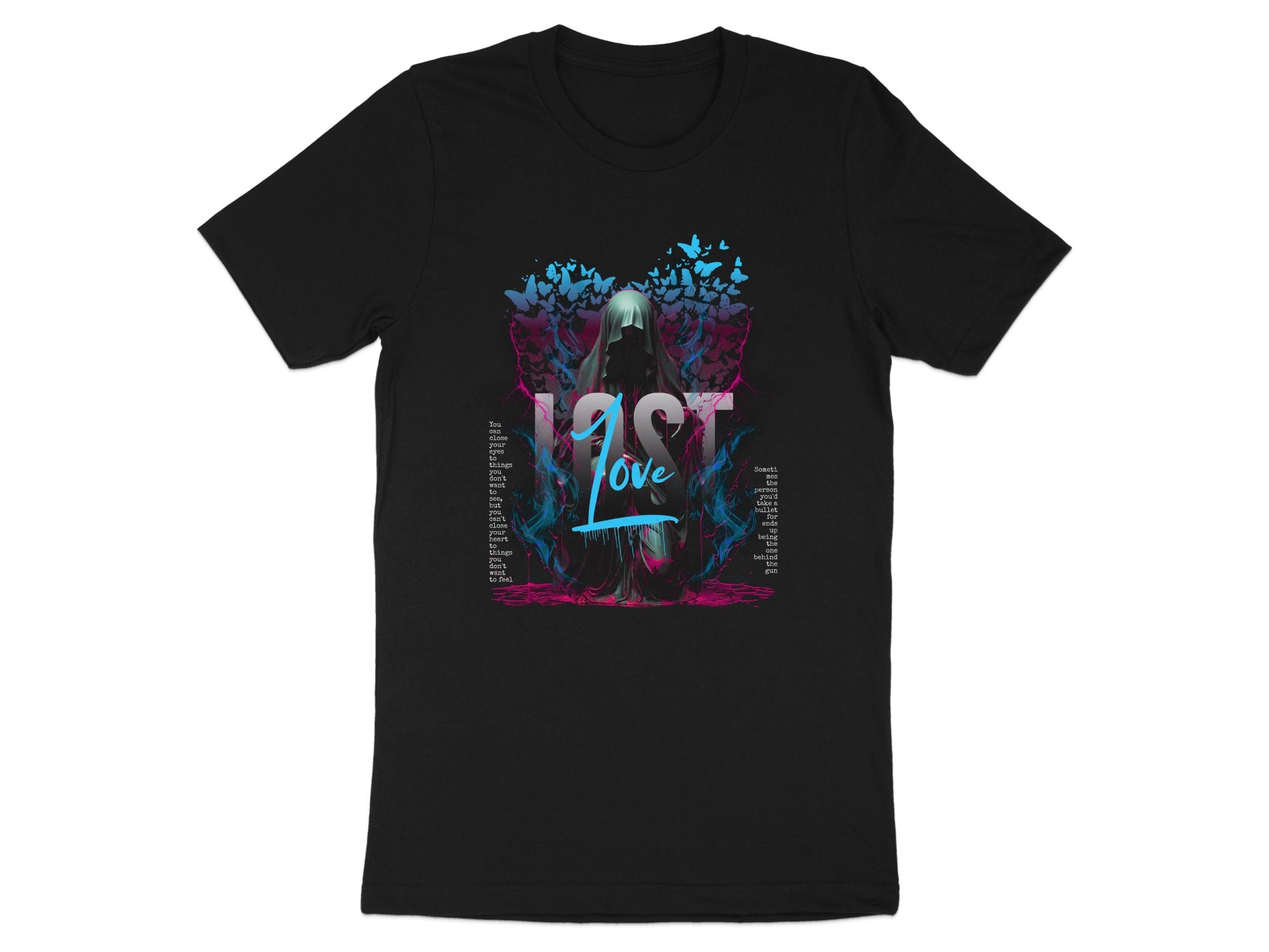 Black t-shirt with "LOST Love" text and a hooded figure surrounded by butterflies.