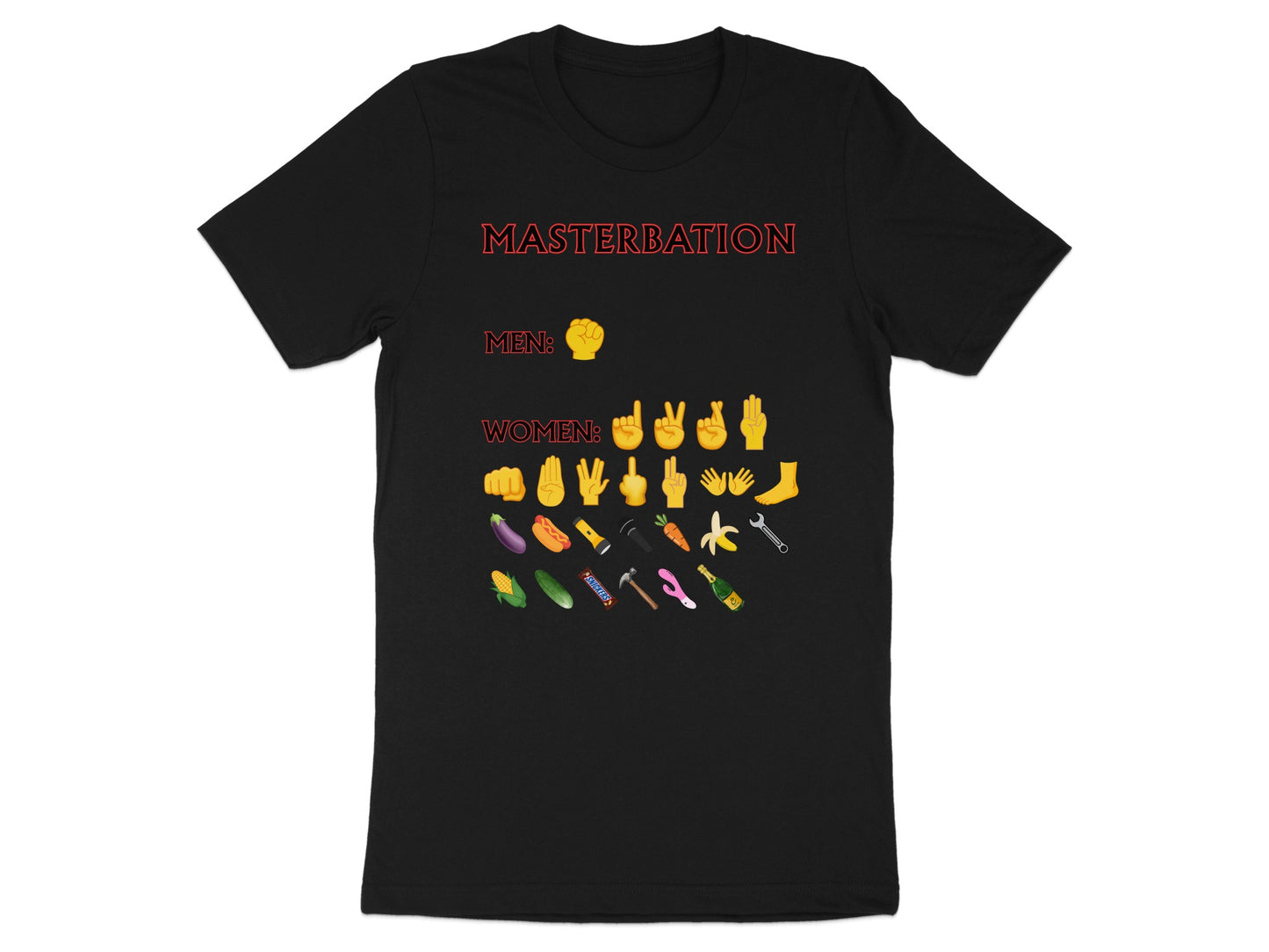Black t-shirt with "MASTERBATION" text and emojis showing masculine and feminine masturbation methods.
