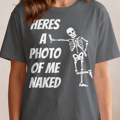 Dark gray t-shirt with white text and skeleton graphic.