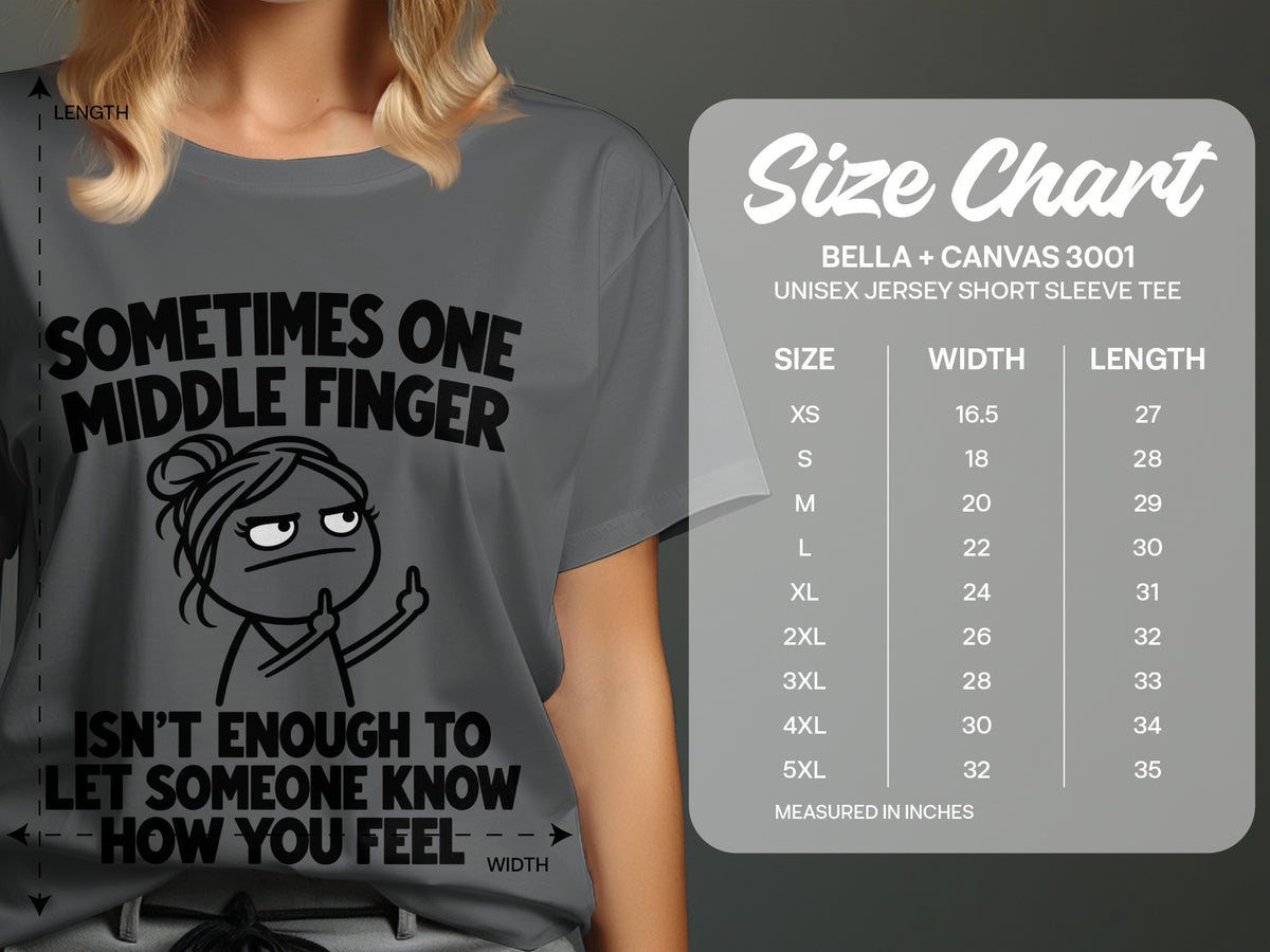 T-shirt with text and graphic, alongside a Bella+Canvas 3001 size chart.