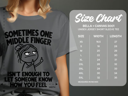 T-shirt with text and graphic, alongside a Bella+Canvas 3001 size chart.