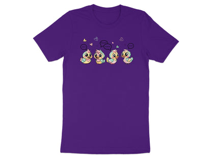 Four cartoon ducklings with speech bubbles. Two say "quack".