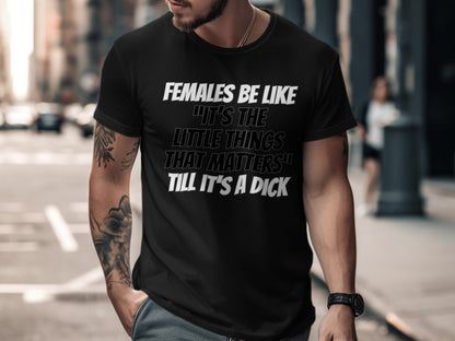 Black t-shirt with text "Females Be Like 'It's The Little Things That Matters' Till It's A Dick".