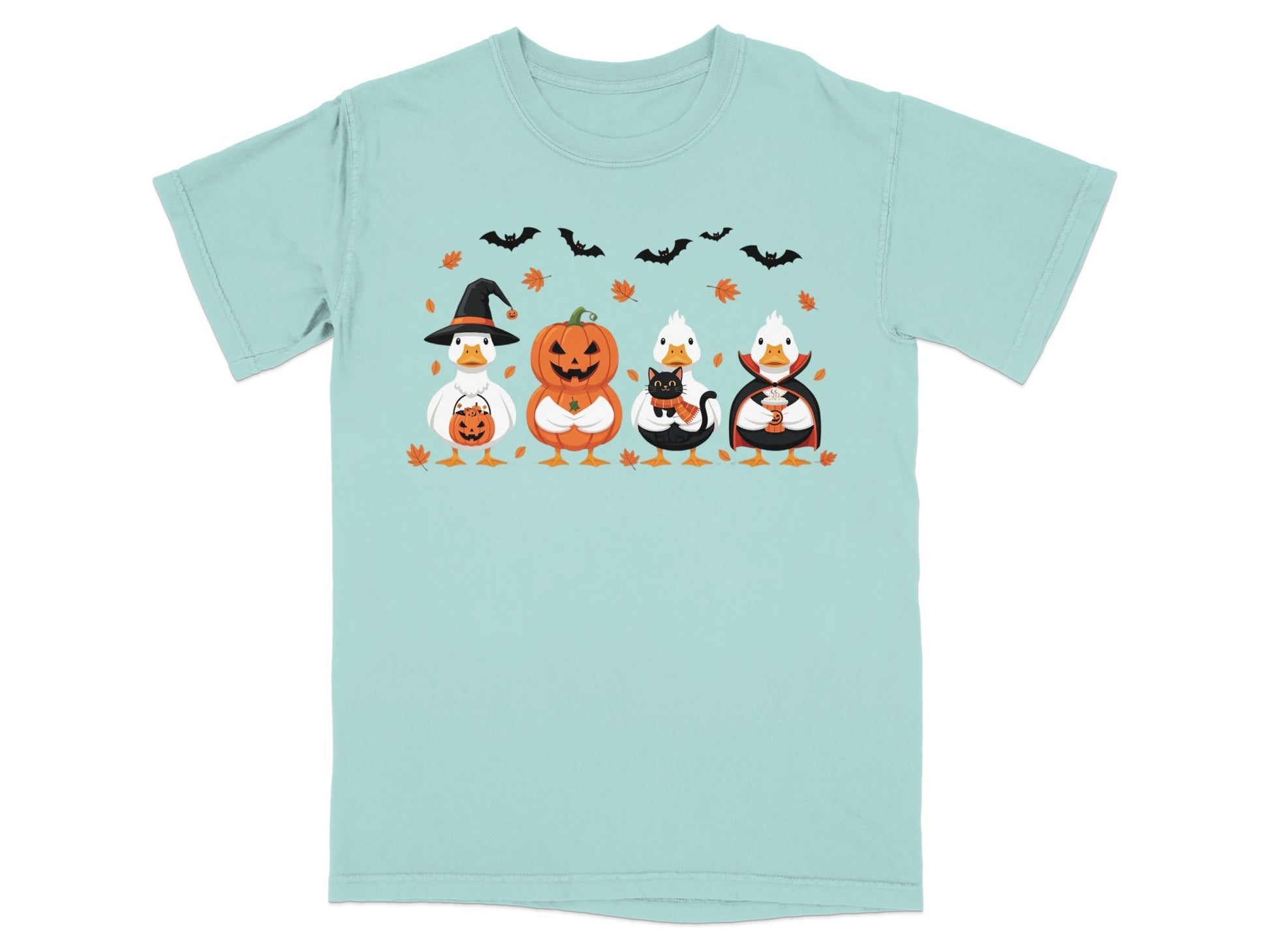 Four cartoon ducks in Halloween costumes holding candy and a black cat.