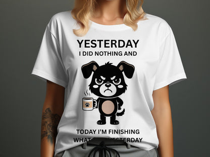 White t-shirt graphic with angry dog holding coffee mug and text.