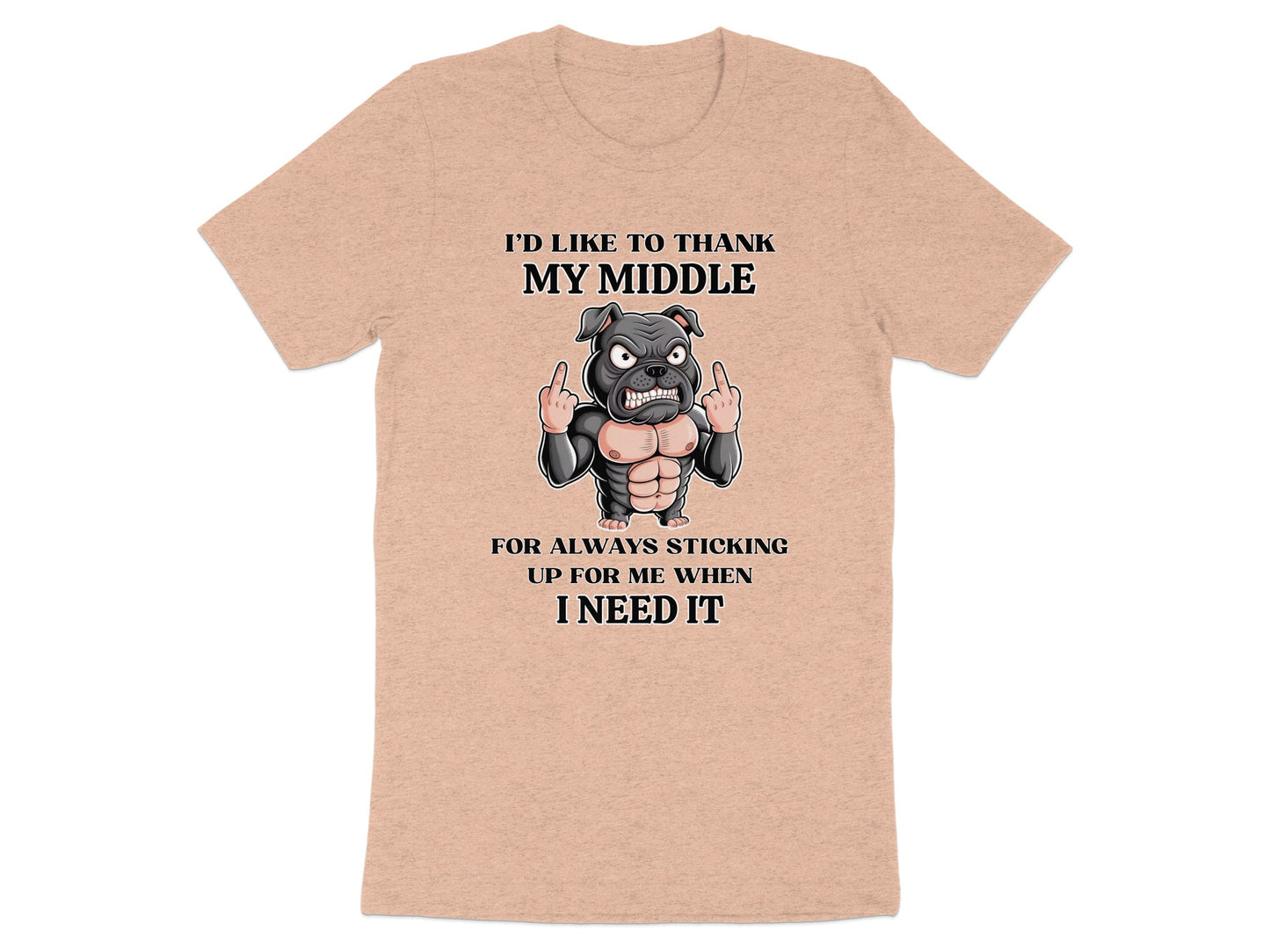 Peach t-shirt with cartoon dog graphic and text about its middle finger.