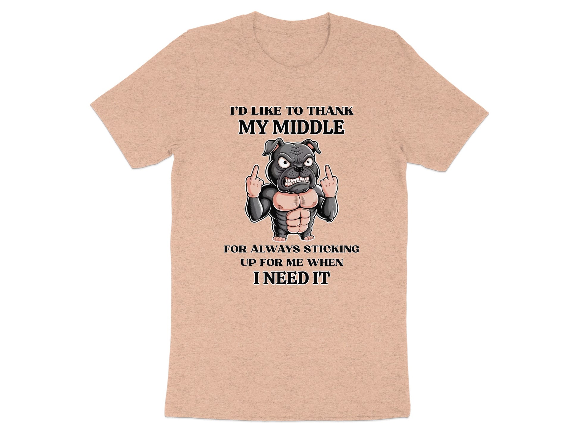 Peach t-shirt with cartoon dog graphic and text about its middle finger.