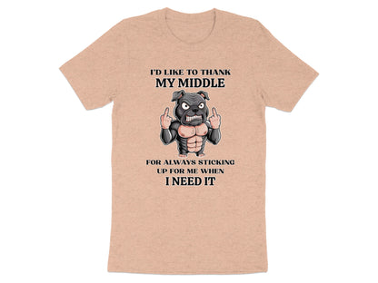 Peach t-shirt with cartoon dog graphic and text about its middle finger.
