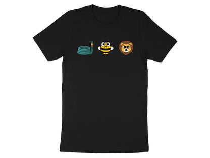 Black t-shirt with coiled hose, cartoon bee, and lion face graphic.