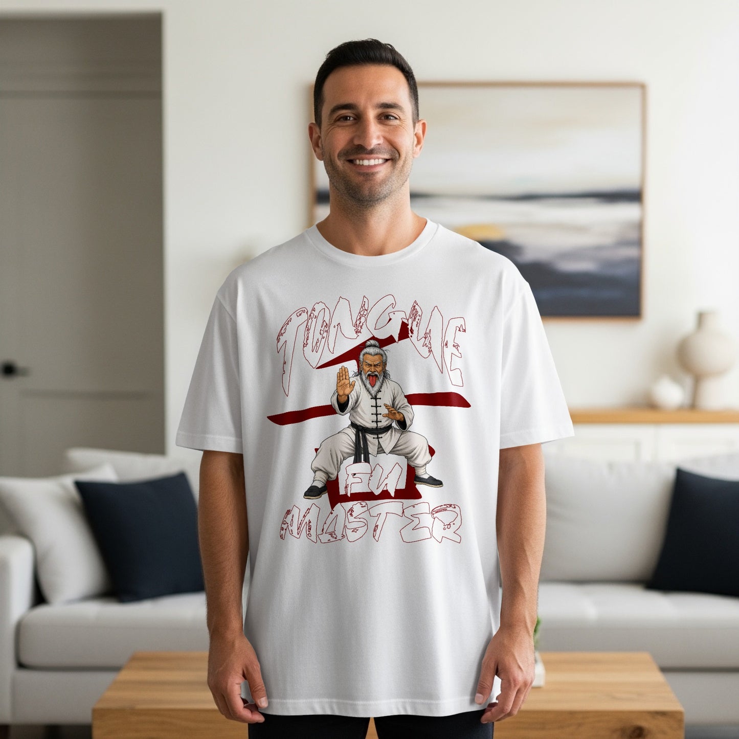 White t-shirt with "TONGQUE" and "FU MASTER" text and a kung fu master graphic.