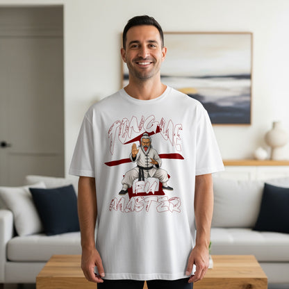 White t-shirt with "TONGQUE" and "FU MASTER" text and a kung fu master graphic.