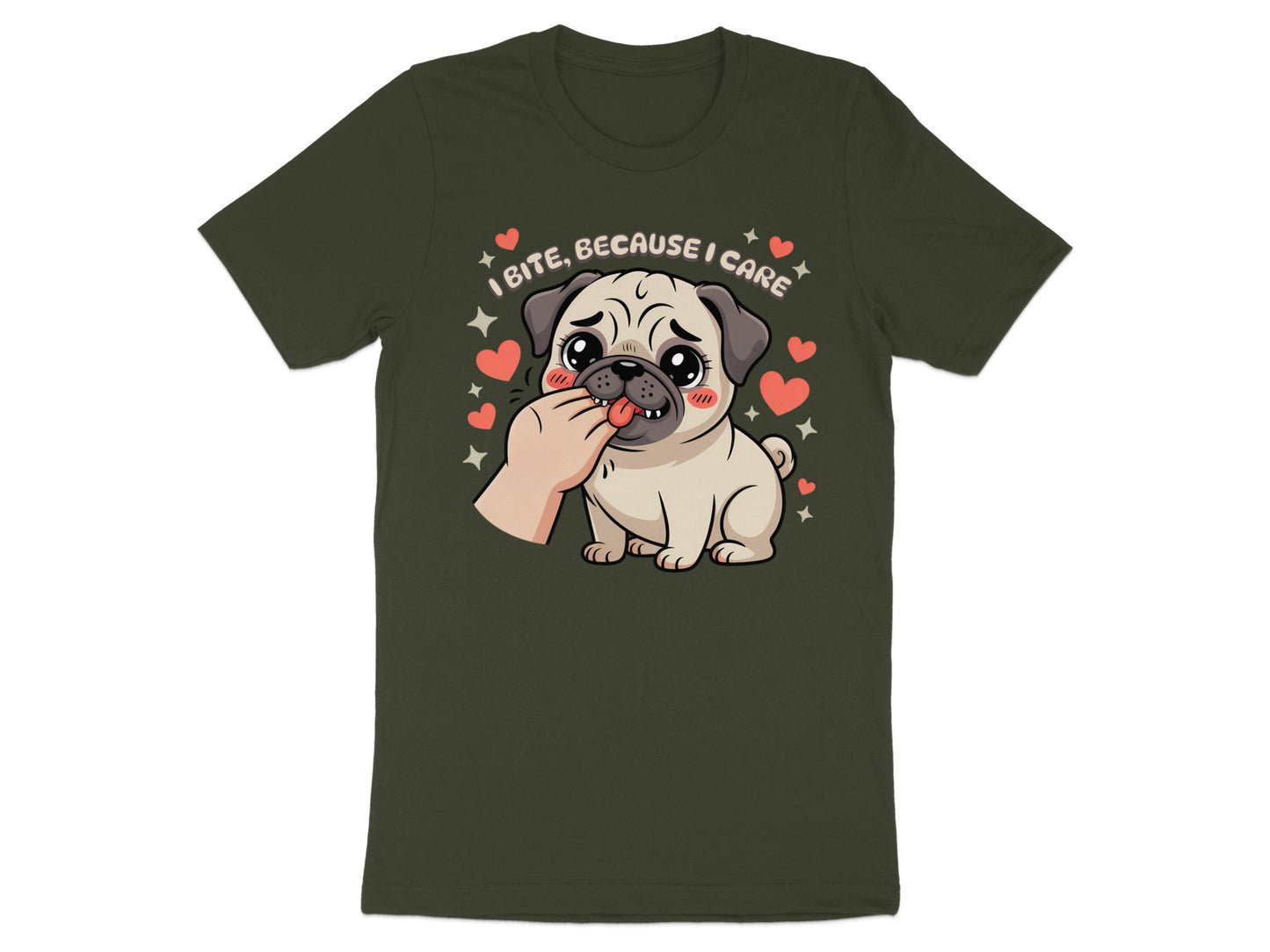 Cute pug with exaggerated eyes nibbles on a hand, surrounded by hearts and stars.