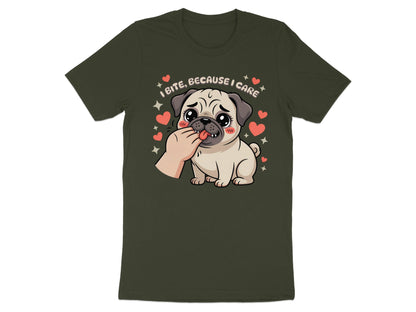 Cute pug with exaggerated eyes nibbles on a hand, surrounded by hearts and stars.