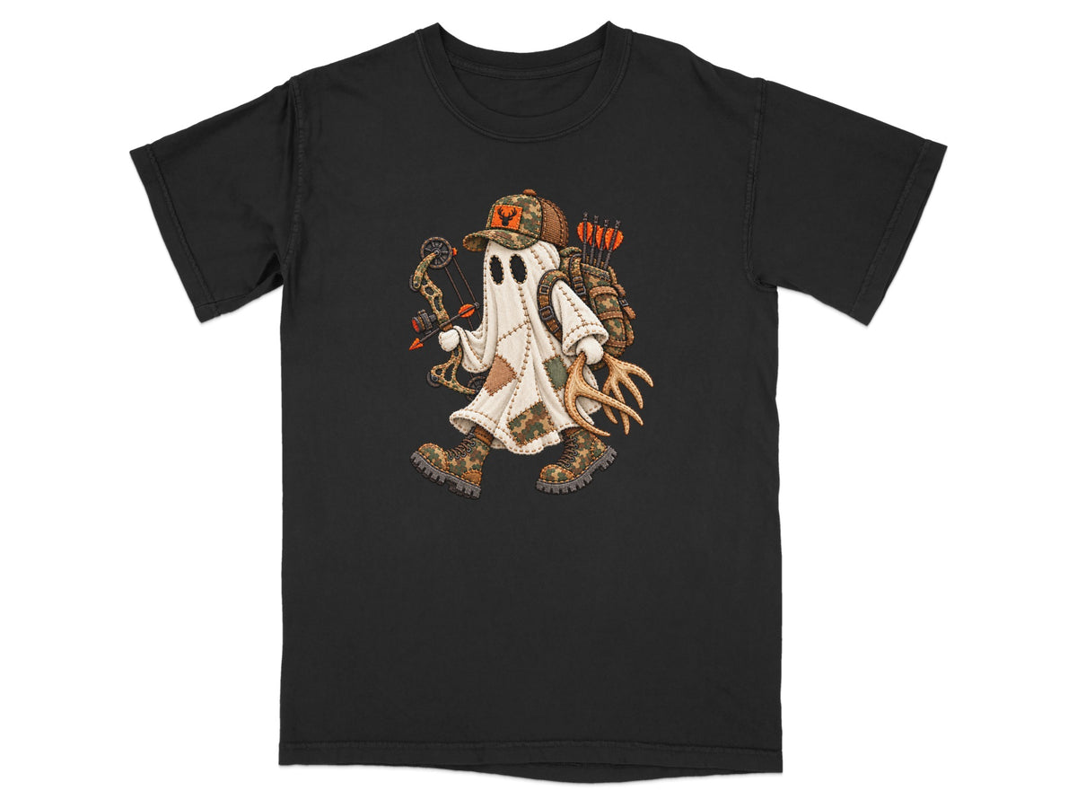 Ghost hunter with bow, arrows, antlers, and camouflage accessories on a black t-shirt.