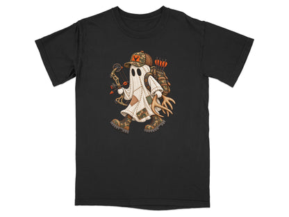 Ghost hunter with bow, arrows, antlers, and camouflage accessories on a black t-shirt.