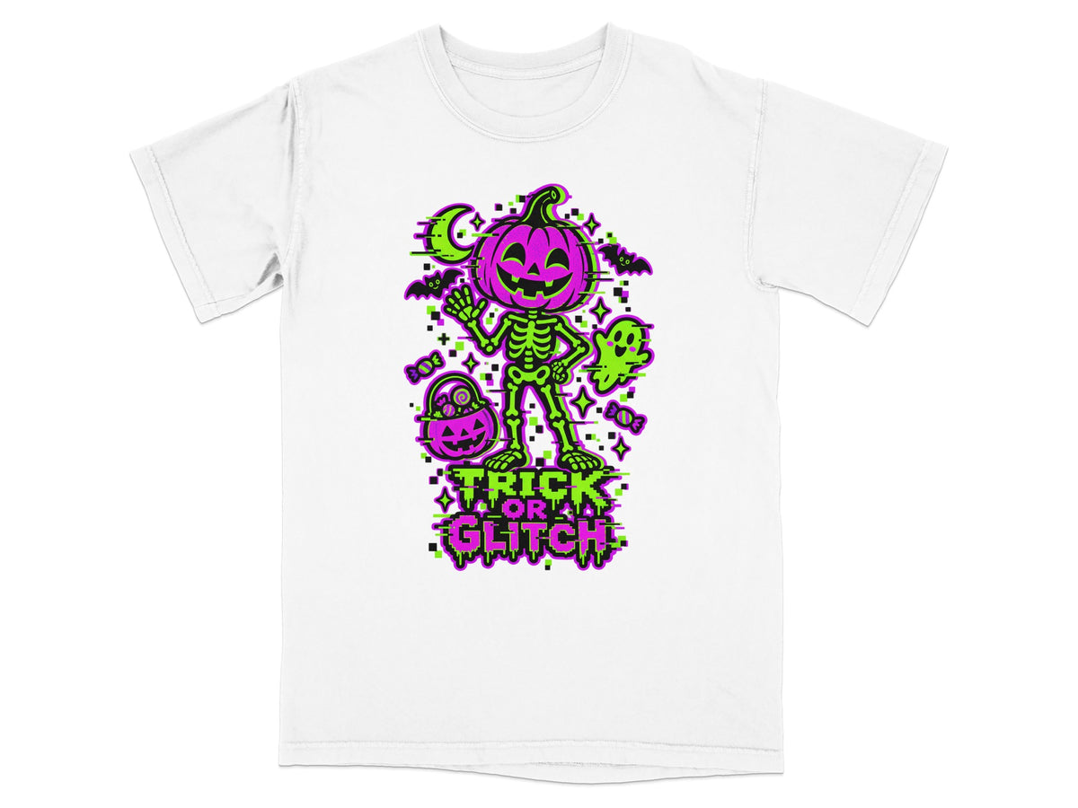 White t-shirt with a neon green skeleton, pink pumpkin head, and "Trick or Glitch" text.