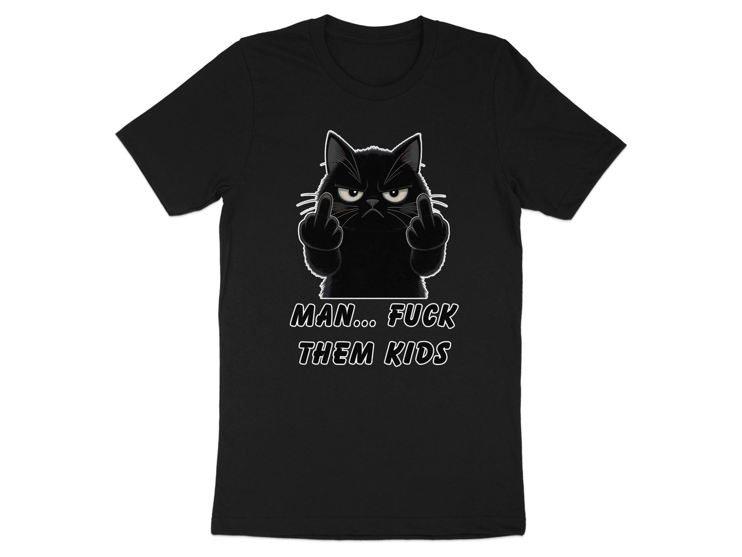 Black t-shirt with a black cat graphic giving the middle finger and text.