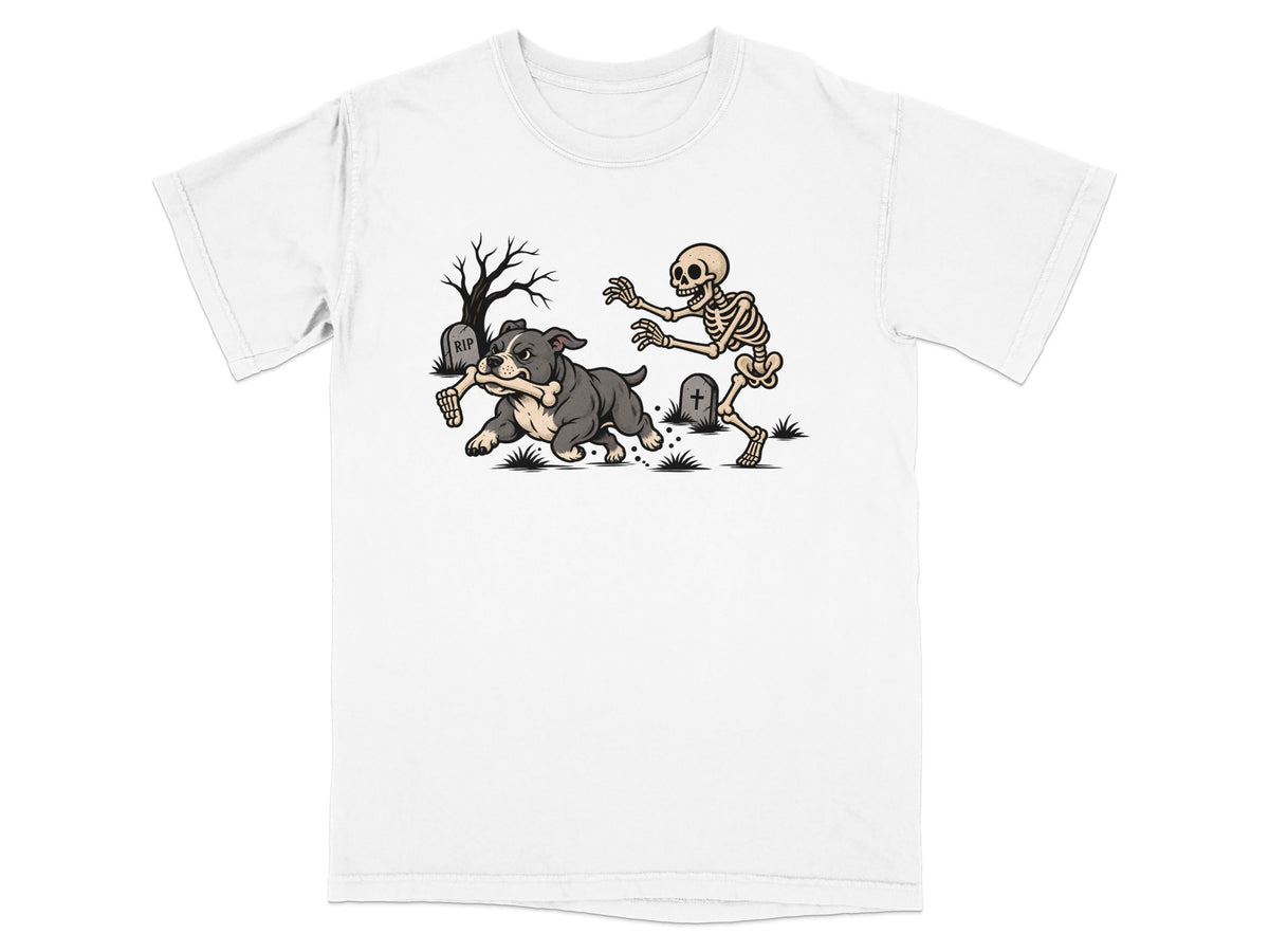 Dog running with bone chases skeleton in graveyard with RIP tombstone.