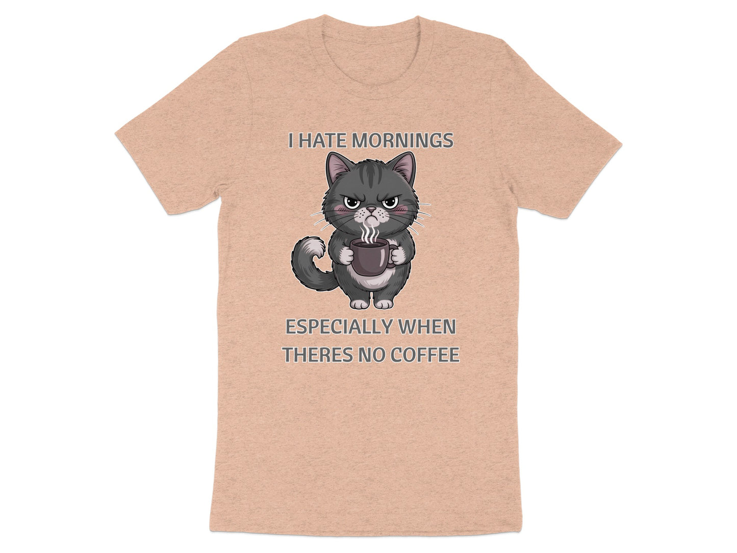 T-shirt with grumpy cat holding coffee mug and text "I HATE MORNINGS"