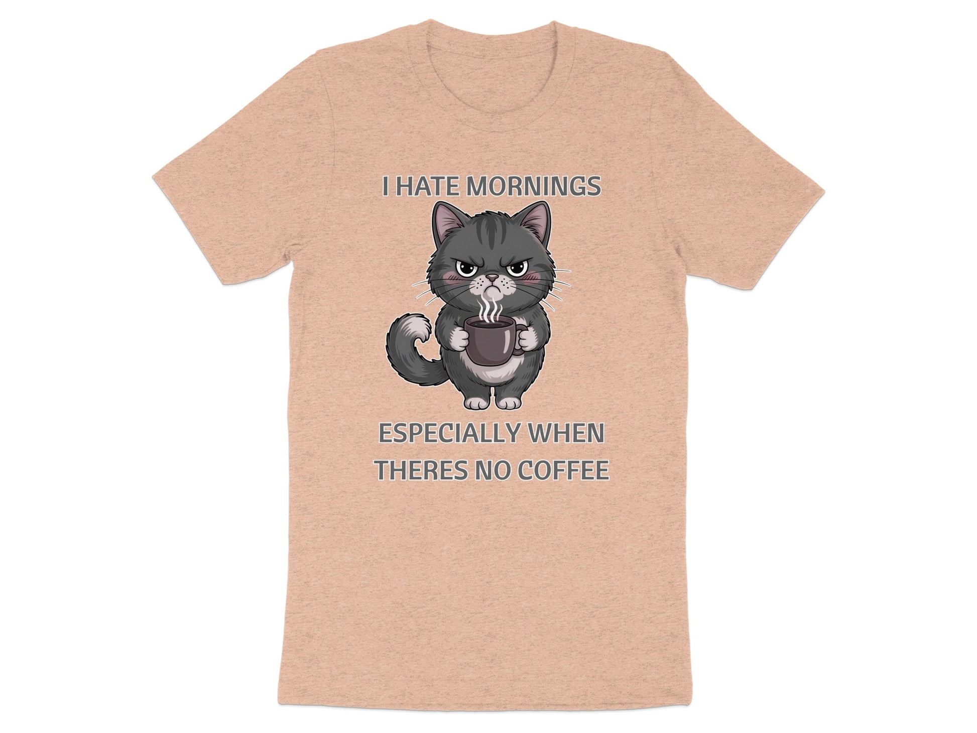 T-shirt with grumpy cat holding coffee mug and text "I HATE MORNINGS"