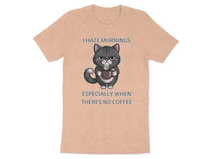 T-shirt with grumpy cat holding coffee mug and text "I HATE MORNINGS"