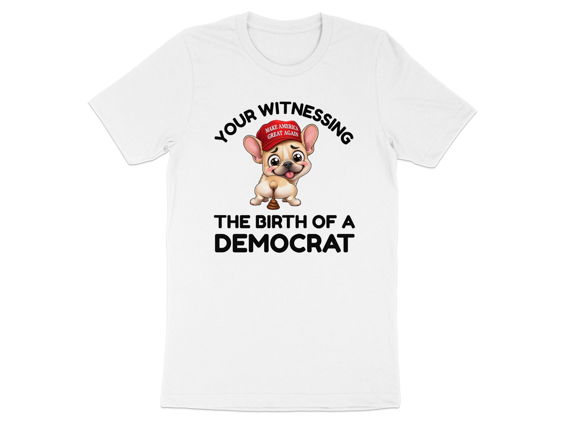 White t-shirt with a cartoon dog wearing a red "Make America Great Again" hat.