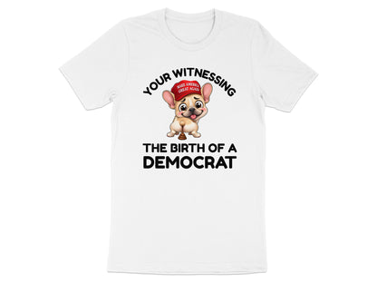 White t-shirt with a cartoon dog wearing a red "Make America Great Again" hat.
