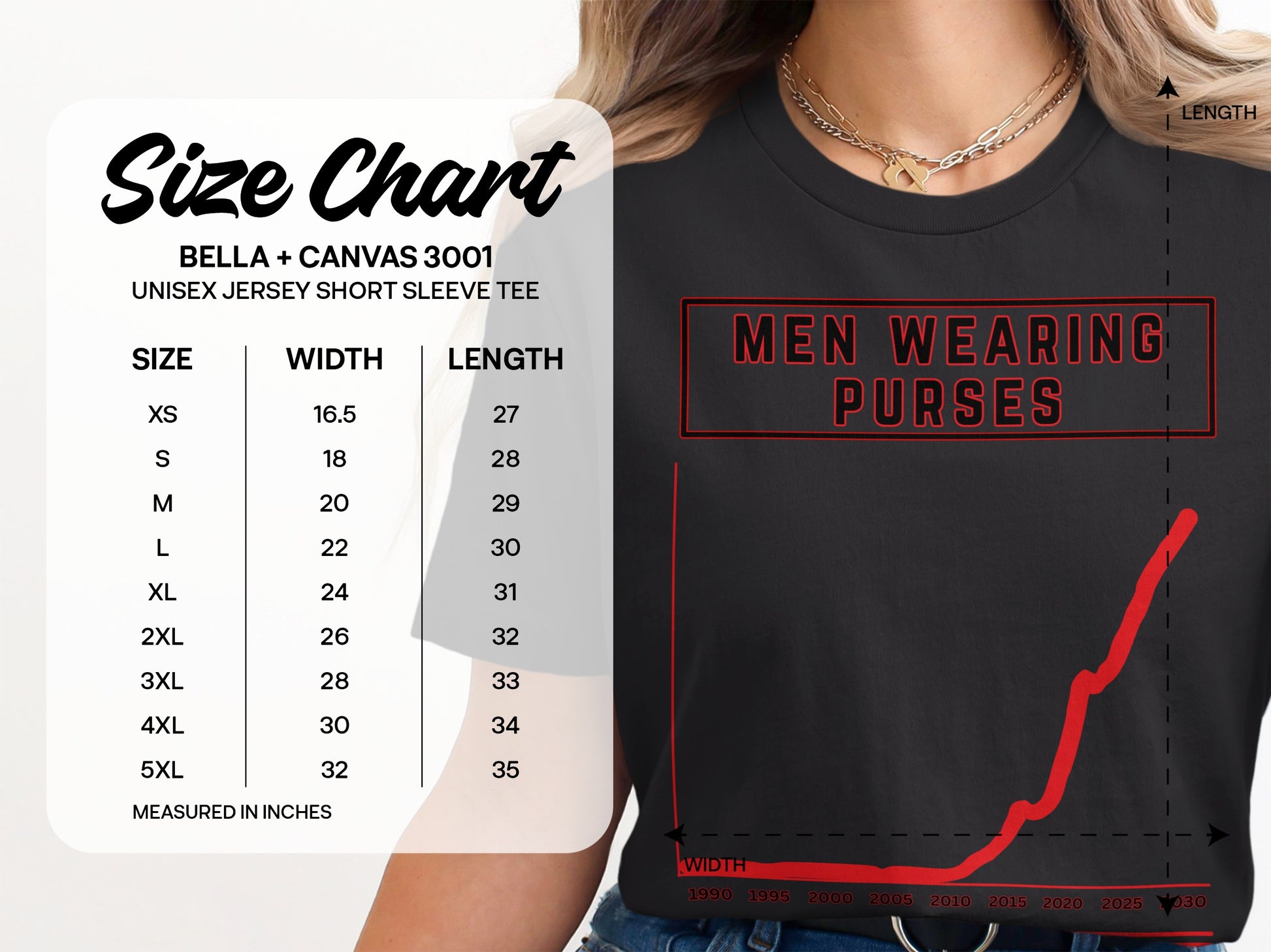 Bella+Canvas 3001 unisex t-shirt size chart with width and length measurements.