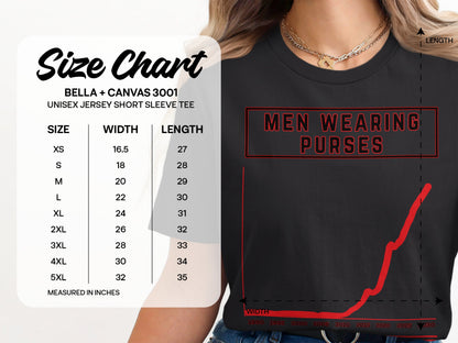 Bella+Canvas 3001 unisex t-shirt size chart with width and length measurements.