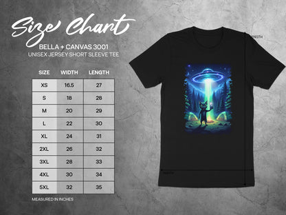Bella + Canvas 3001 unisex short sleeve tee size chart with alien cat graphic.