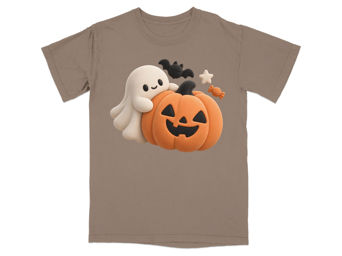 Brown t-shirt with a cute ghost, jack-o'-lantern, bat, and candy graphic.