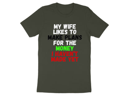 Dark green t-shirt with white, black, green, and red text.