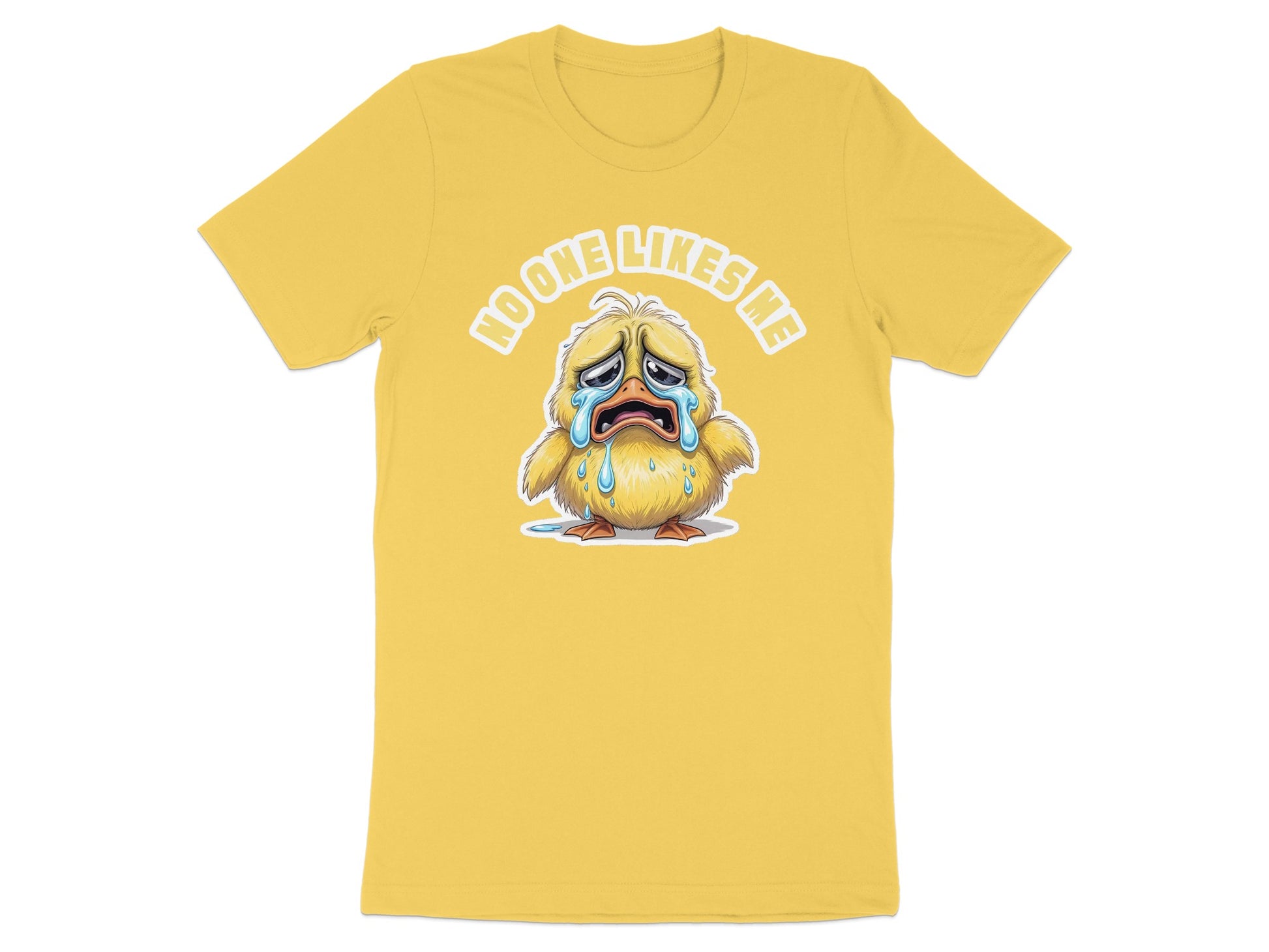 Yellow t-shirt with a crying chick graphic and text, "NO ONE LIKES ME".