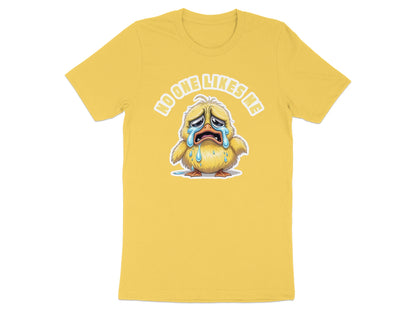 Yellow t-shirt with a crying chick graphic and text, "NO ONE LIKES ME".