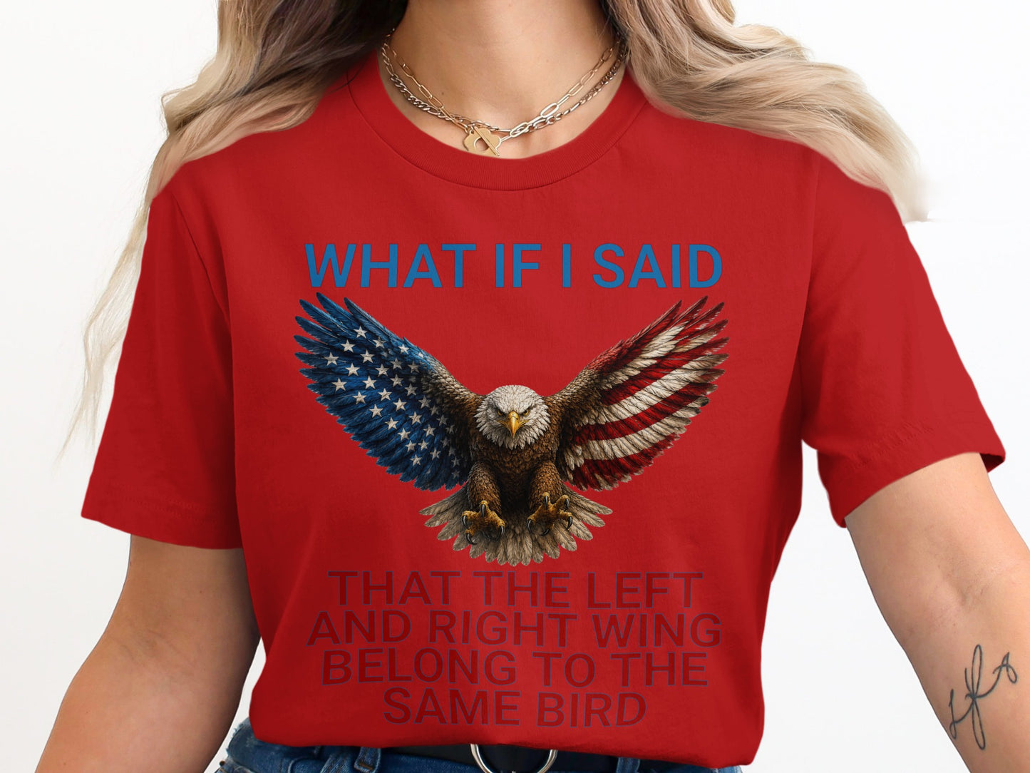 Red t-shirt with eagle and American flag wings and text.