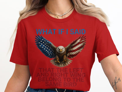 Red t-shirt with eagle and American flag wings and text.