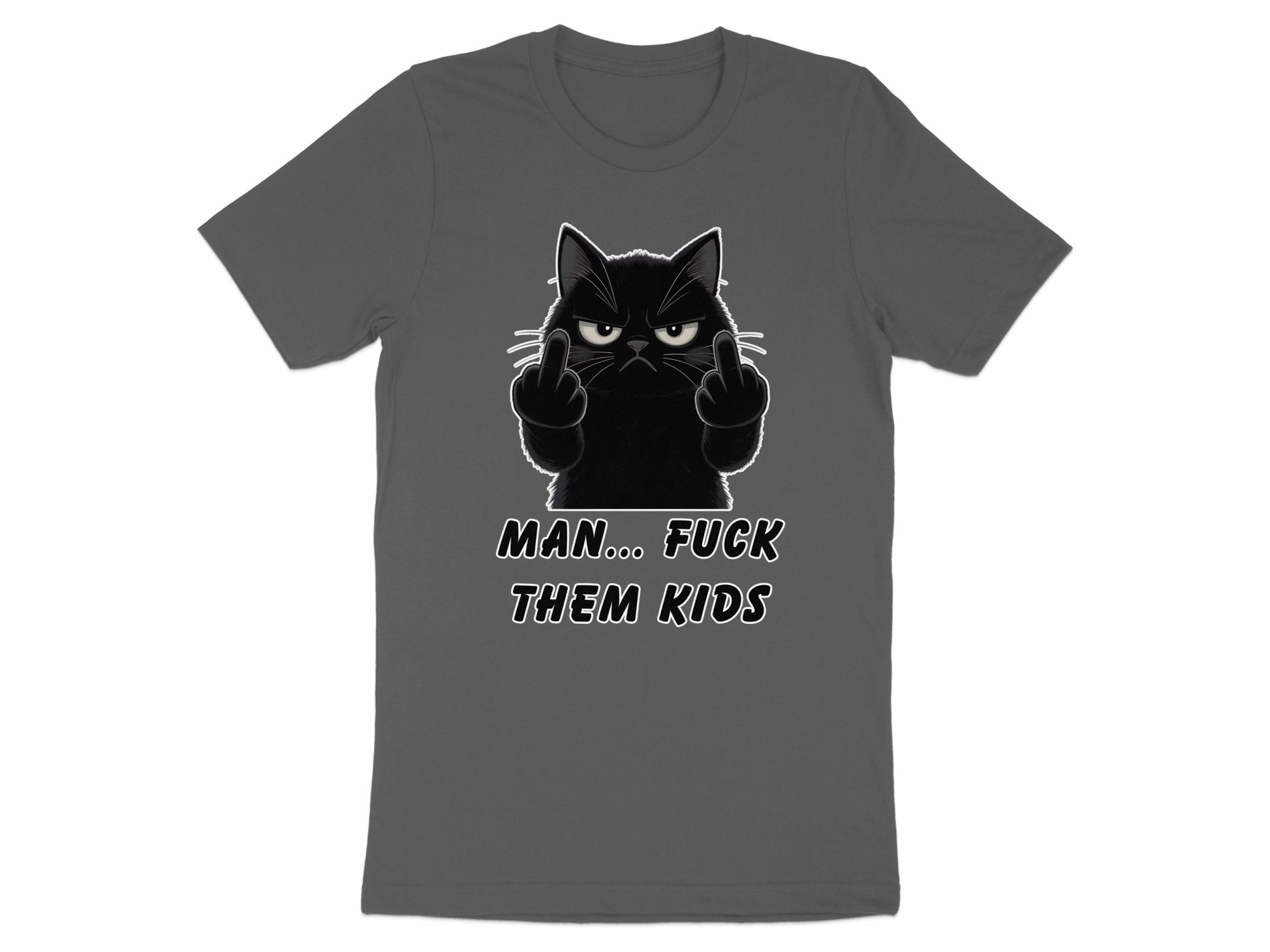 Dark t-shirt with a black cat giving middle fingers and text.