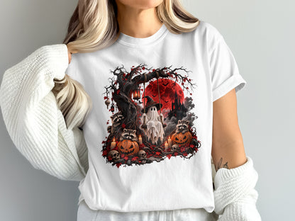 Halloween scene with ghost on swing, raccoons, pumpkins, skulls, and bloody moon.