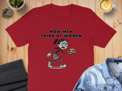 Red t-shirt with cartoon of a worried person holding a sandwich and text "HOW MEN THINK OF WOMEN".