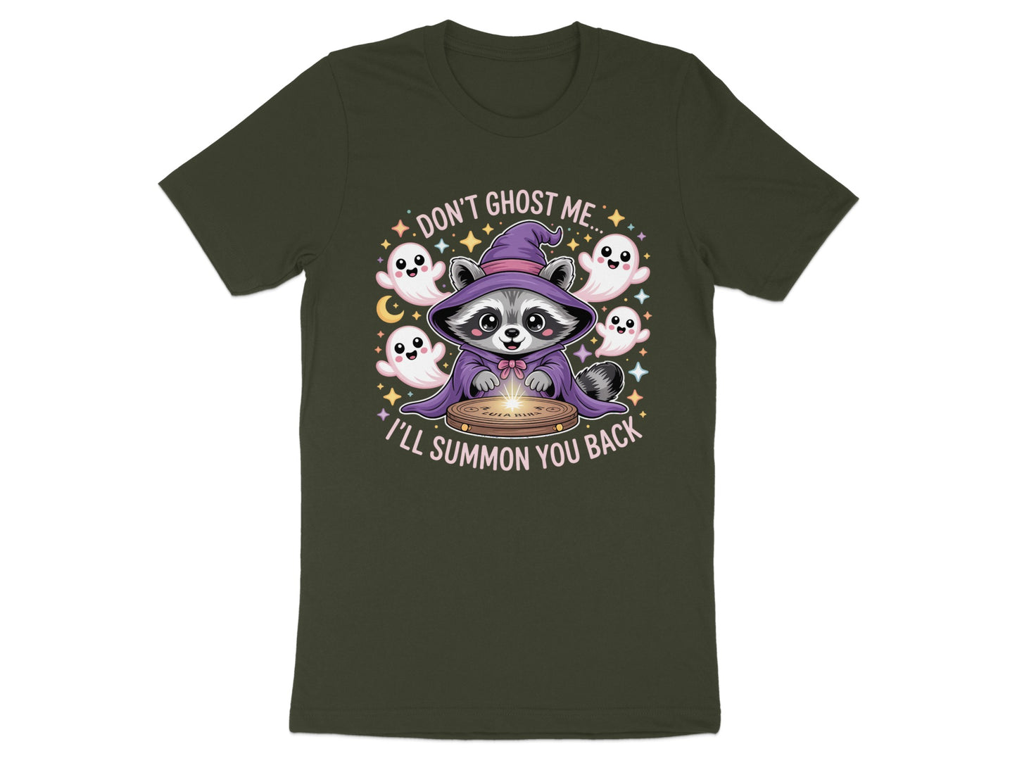 Raccoon in wizard hat surrounded by ghosts and stars; text says "Don't ghost me... I'll summon you back."