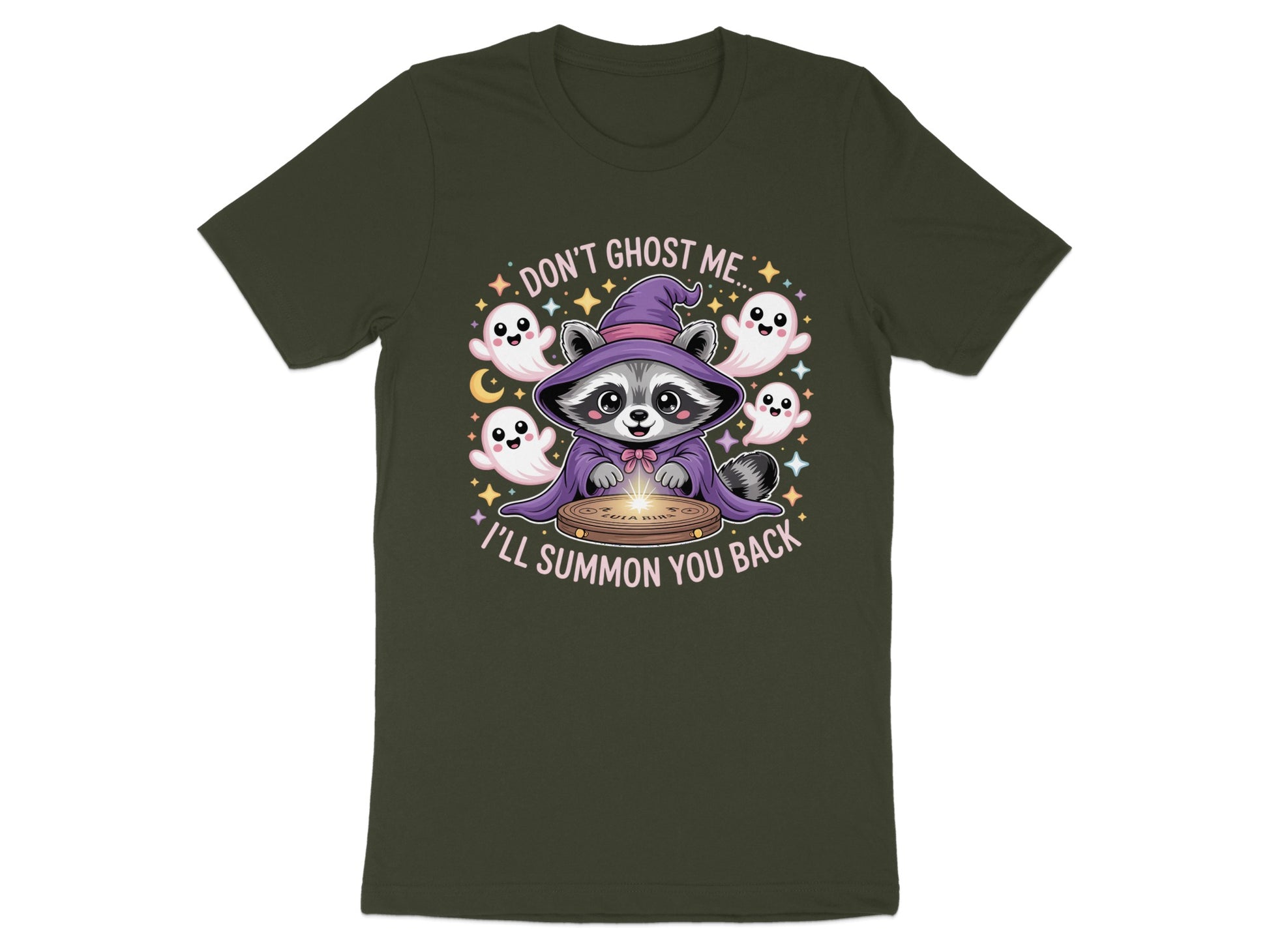 Raccoon in wizard hat surrounded by ghosts and stars; text says "Don't ghost me... I'll summon you back."