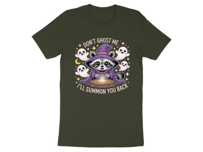 Raccoon in wizard hat surrounded by ghosts and stars; text says "Don't ghost me... I'll summon you back."