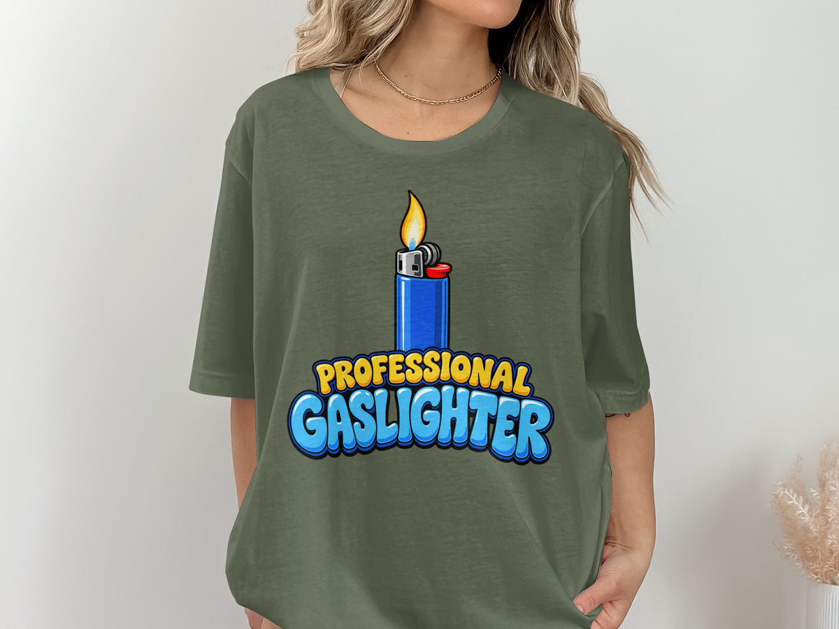 T-shirt with blue lighter graphic and text "PROFESSIONAL GASLIGHTER".