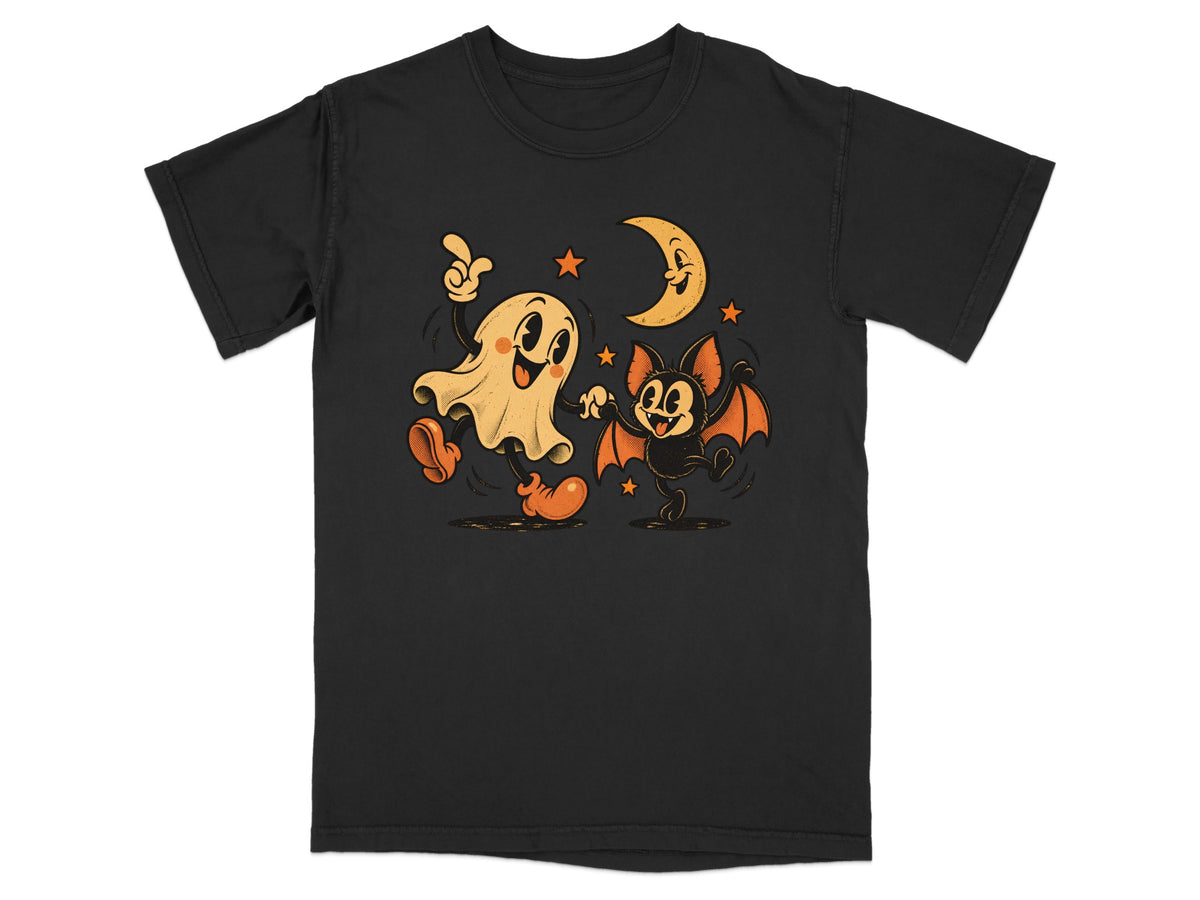 Vintage cartoon ghost and bat dancing under a smiling moon and stars.