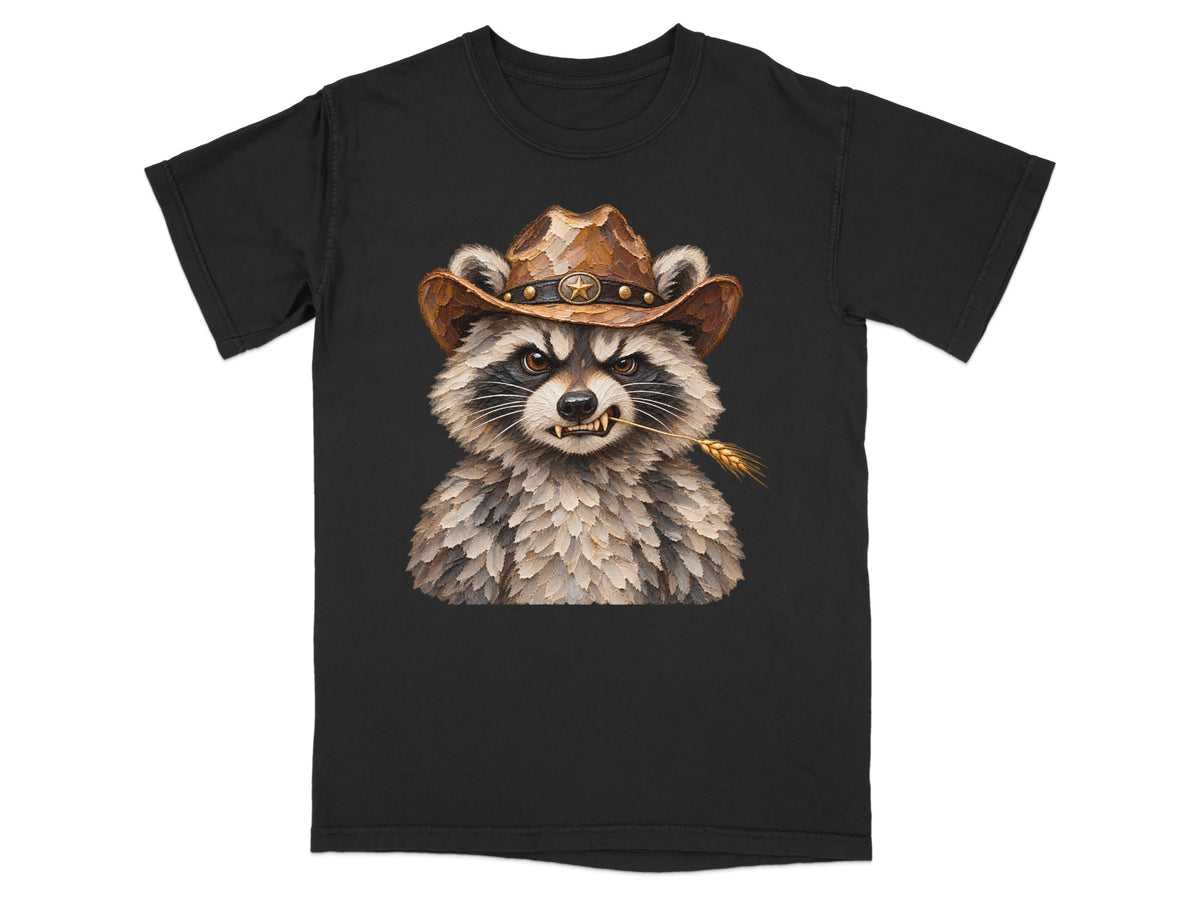 Raccoon wearing a cowboy hat with a stalk of wheat in its mouth.