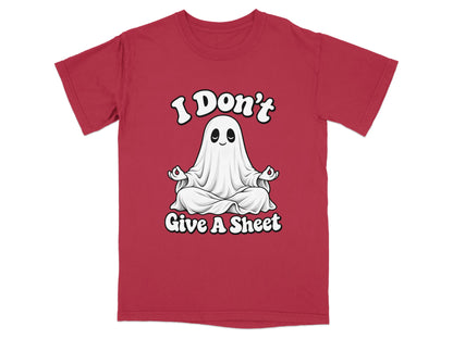 Red t-shirt with cartoon ghost meditating and text "I Don't Give A Sheet".