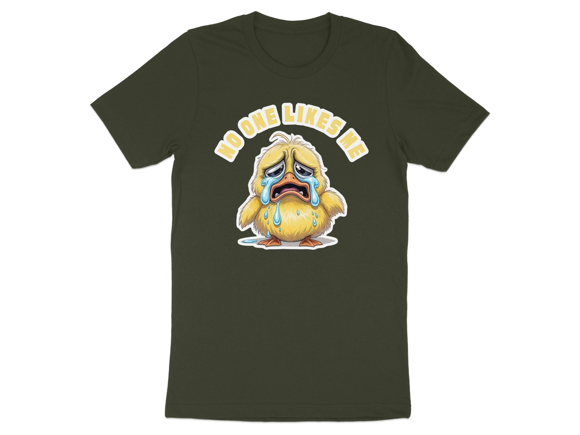 Dark green t-shirt with cartoon chick crying and text "No One Likes Me".