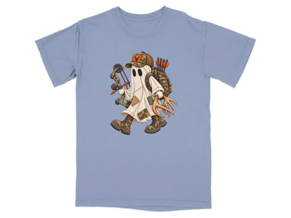 A blue t-shirt featuring a cartoon ghost dressed in hunting gear holding a bow and arrows.