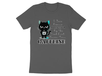 Grumpy black cat holding coffee mug with text "I Have Become Possessed By The Dark Lord Known As... CAFFEINE".