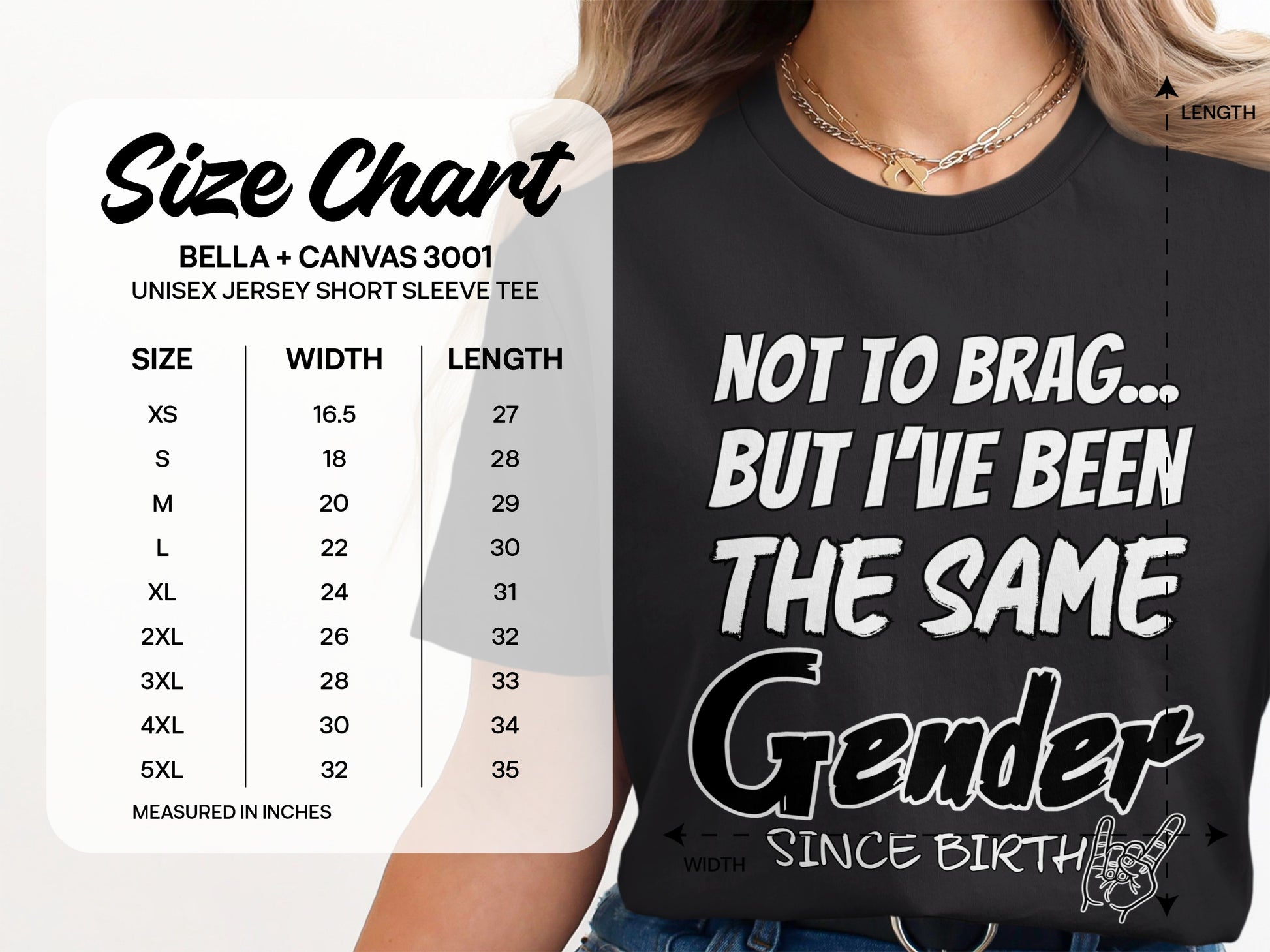 Bella + Canvas 3001 unisex size chart for short sleeve tee with measurements.